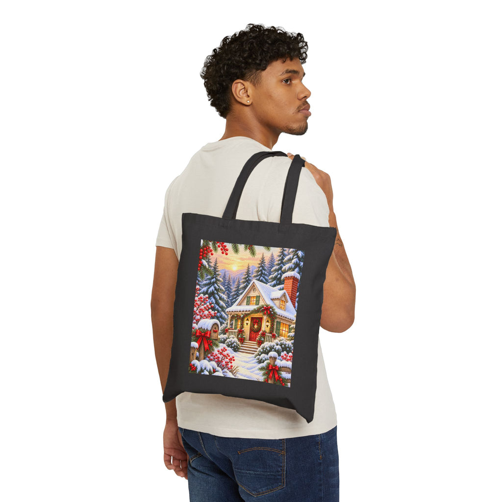 Christmas Cottage Canvas Tote — Snowy Holiday Market Bag