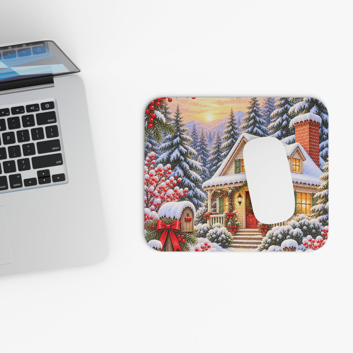 Christmas Cottage Mouse Pad — Snowy Holiday Desk Decor