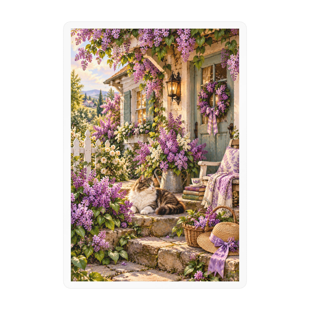 Cottage Garden Cat Vinyl Sticker — Lilacs & Floral Decal